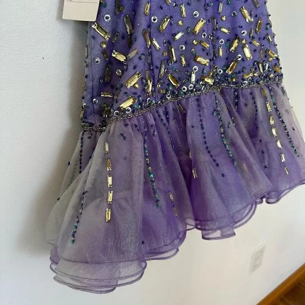 Party Time Formals Women’s Purple Iridescent All over Beaded Bodice Tulle Mini D